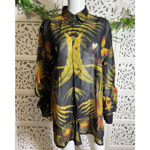 Vintage Vlisco Women’s Bird Paradise Sheer Blouse Size Medium Mint